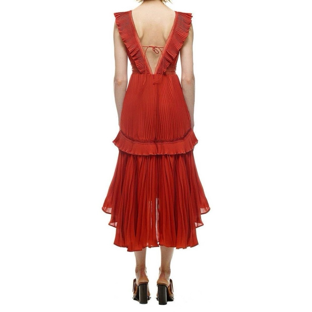 Self Portrait Calla Plisse Flounce High Low Dress Rust Terracotta Size 2 - Picture 4 of 8